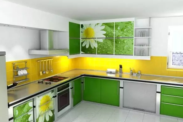 Сочетание желто-зеленого цвета на кухне в интерьере