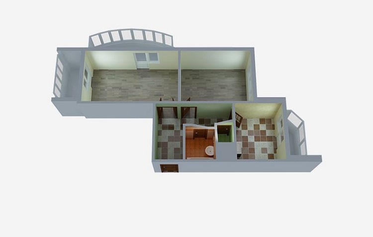 3д схема планировки двухкомнатной квартиры 60 кв.метра с балконом и панорамой в комнате копэ